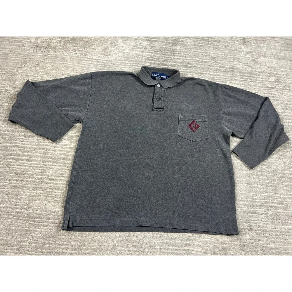 Ralph Lauren Polo Shirt Mens Large Gray Long Sleeve Monogram Pocket Cotton 90s